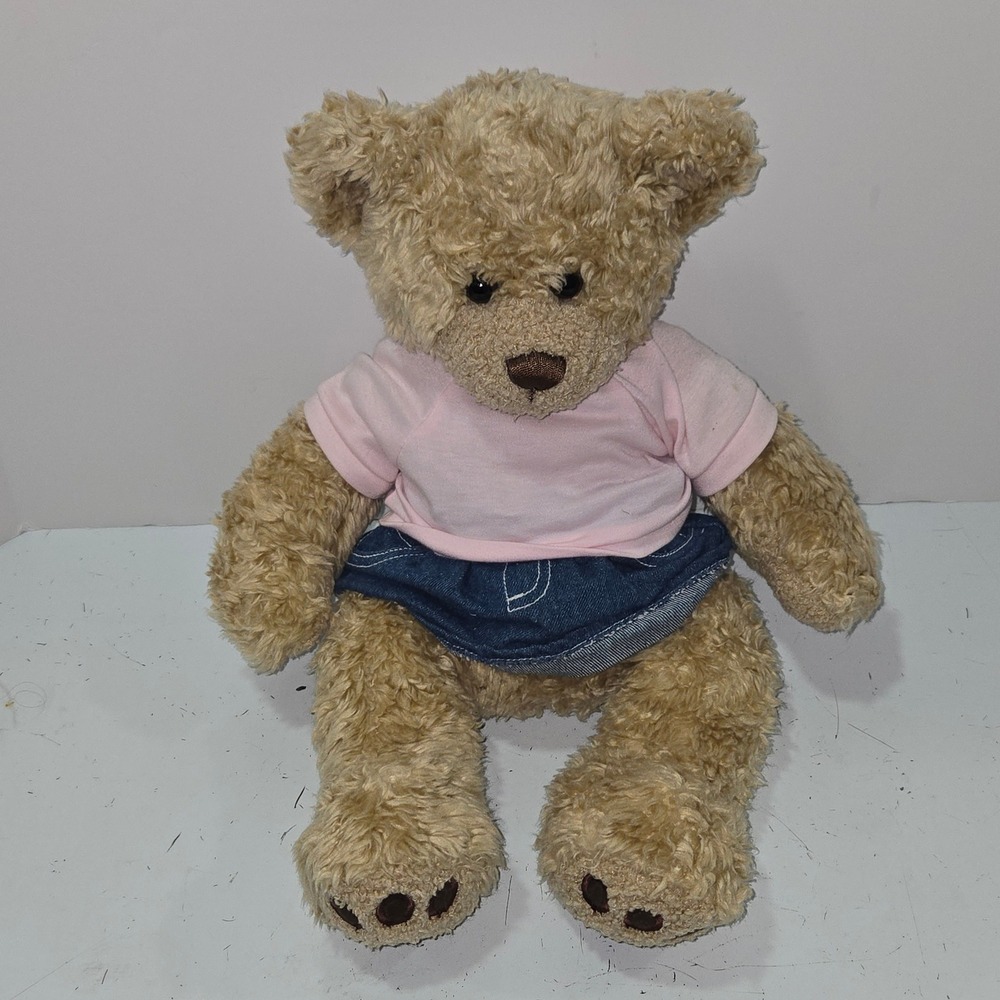 Build-A-Bear Workshop Tan Curly Fur Teddy Bear Pink Shirt Denim Skirt 15 inch
